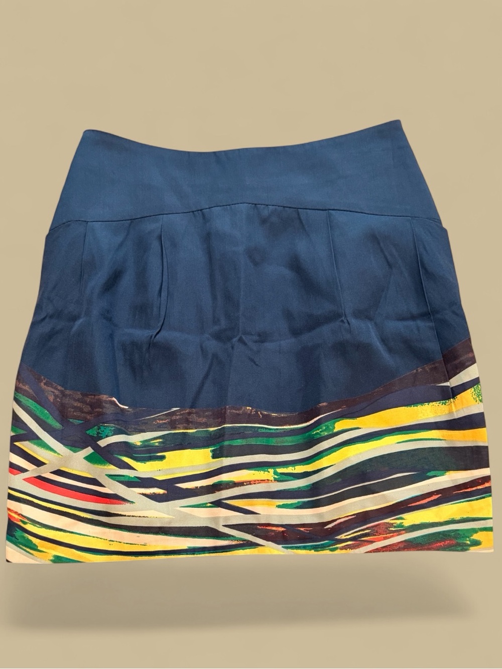 Navy Blue Printed Hem A-Line Skirt Size 0. Silk & Cotton Blend.